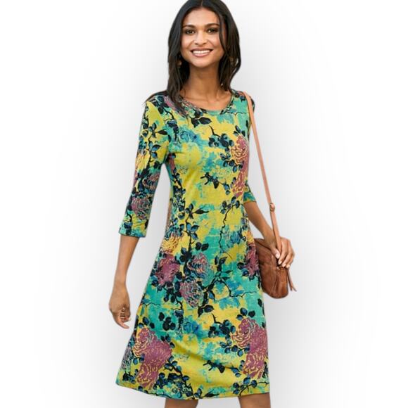 Peruvian Connection NWT Zephirine Dress Size L Citrus Yellow Teal Multi Floral - Picture 1 of 11